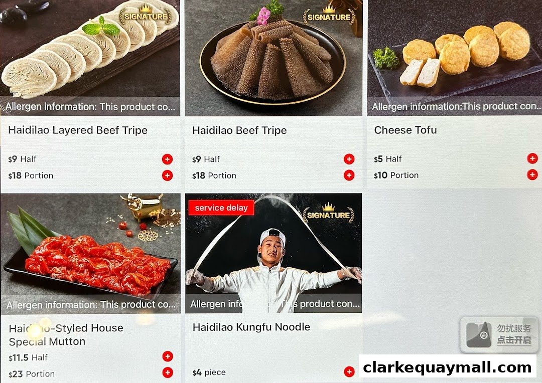 A selection of hot pot ingredients and a noodle chef at Haidilao.