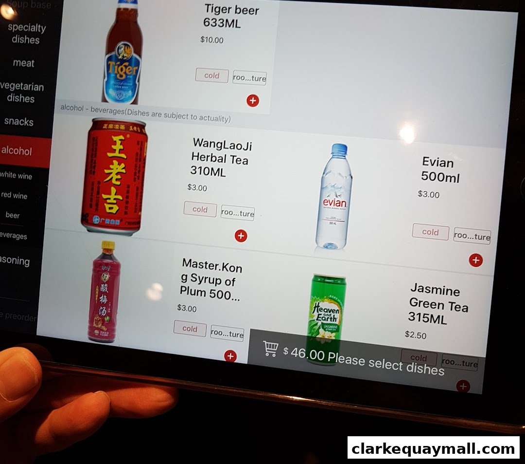 A digital menu displaying various beverages and their prices at Haidilao Hot Pot.
