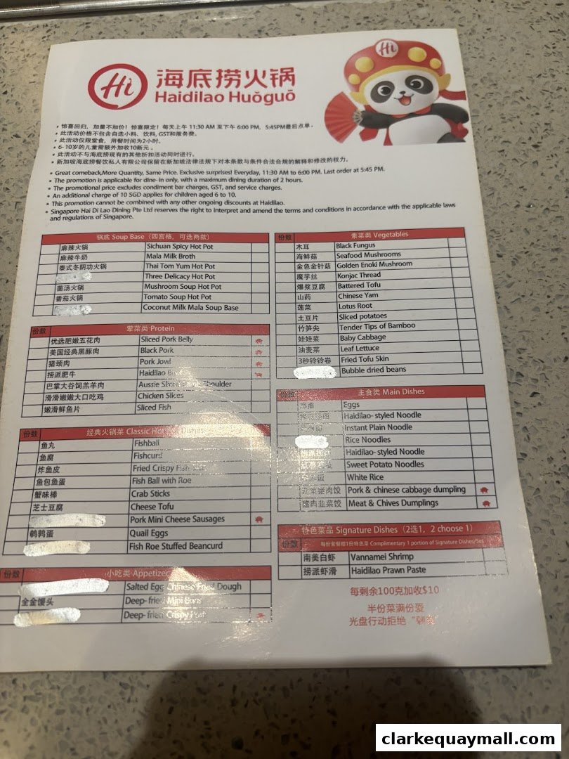 A menu for Haidilao Hot Pot featuring soup bases, proteins, vegetables, classic dishes, main dishes, and signature dishes.