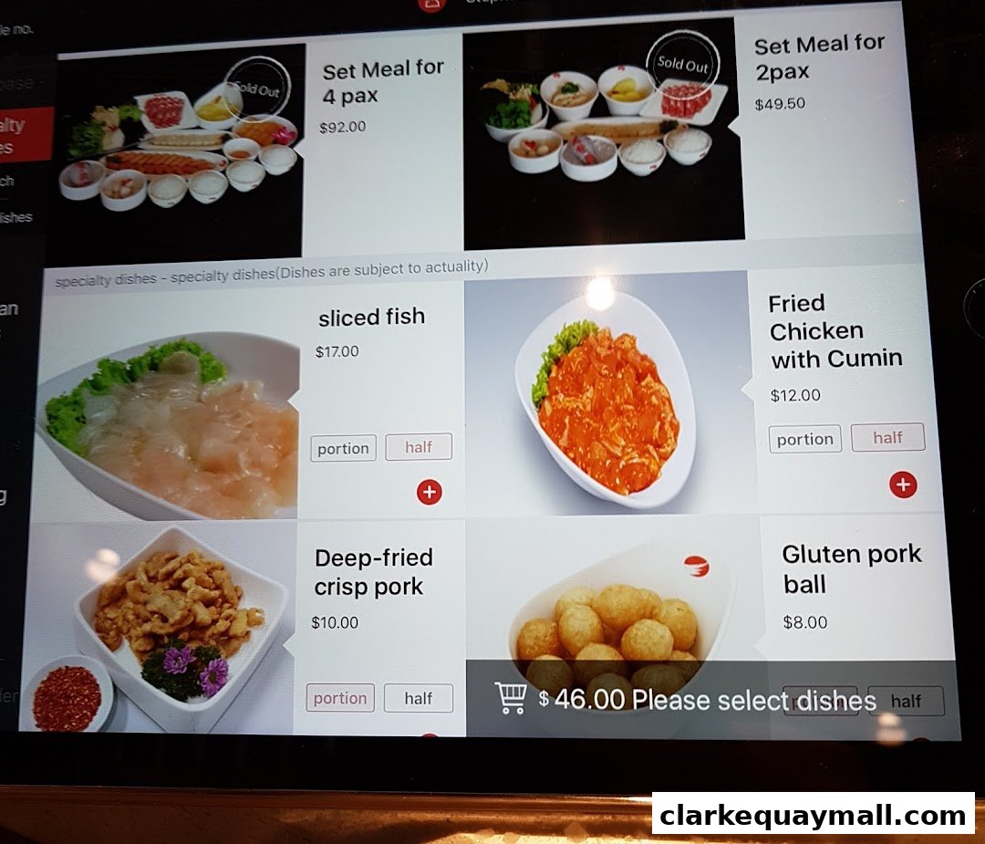 A digital menu displaying various hot pot dishes and set meals with prices.