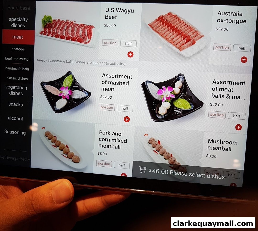 A digital menu displaying various meat options for hot pot.