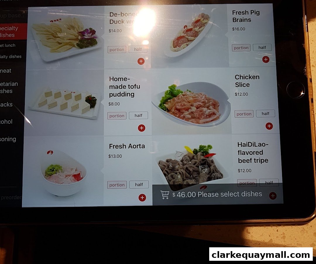 A digital menu displaying various hot pot ingredients with prices and portion options.