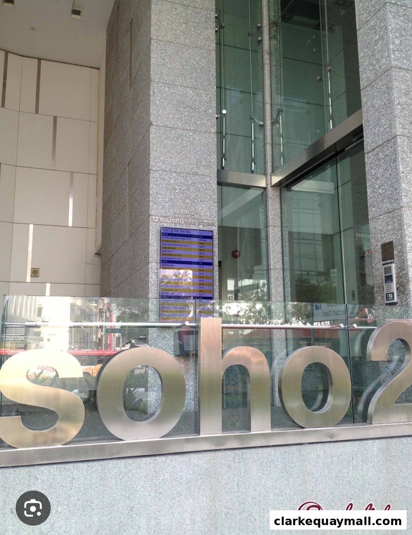 Exterior of a modern building with large metal letters spelling 'SOHO 2'.