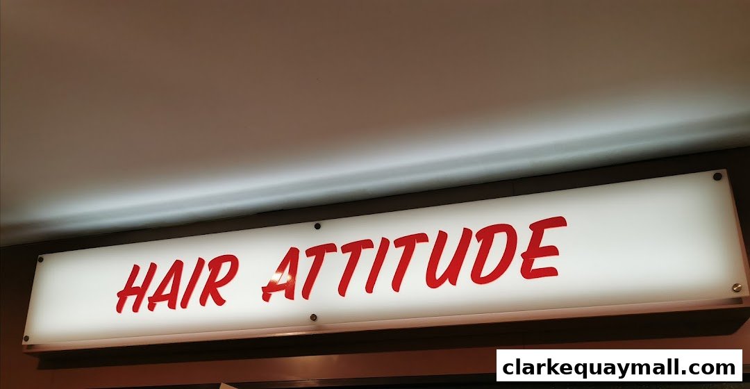 A lit sign with the words "HAIR ATTITUDE" in red, stylized font.
