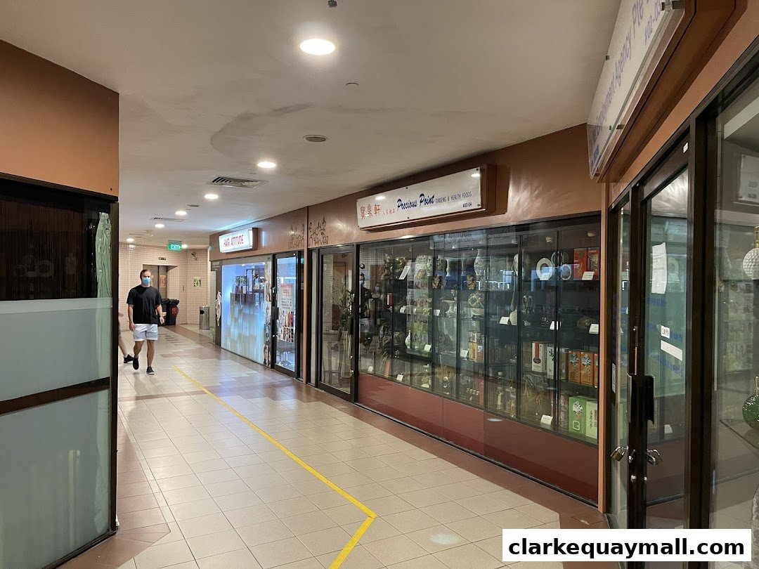 A shopping mall corridor with several shop fronts, including 'Hair Attitude' and 'Precious Point'.