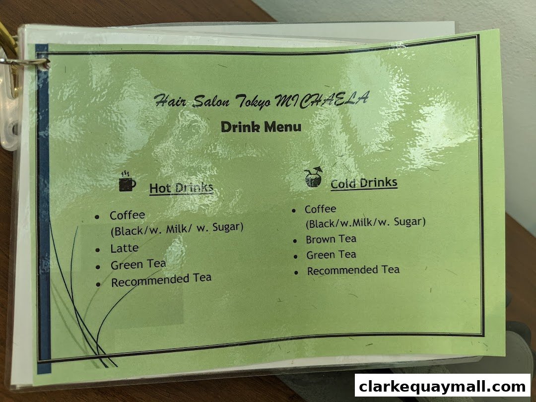 A drink menu for Hair Salon Tokyo MICHAELA, featuring hot and cold beverages.