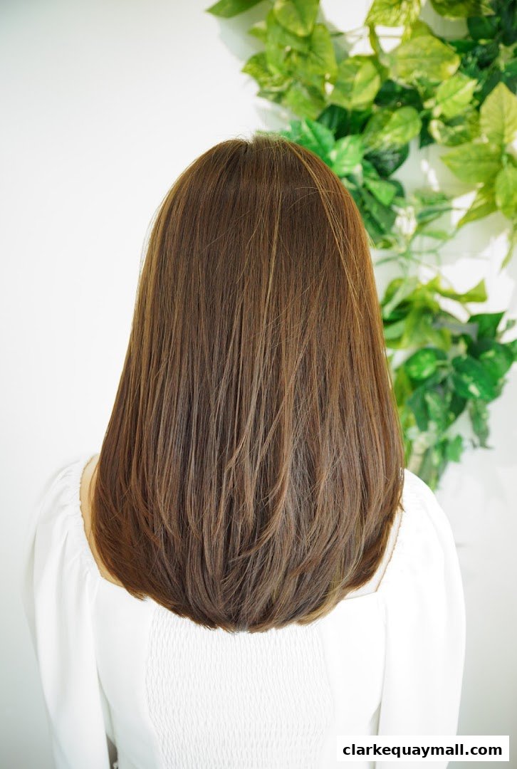 A person's back with beautifully styled, layered brown hair against a white background and greenery.