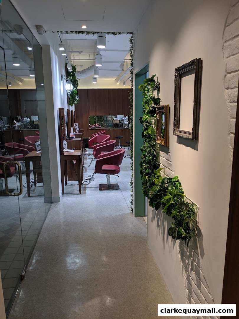 Interior view of a modern hair salon with red chairs and decorative plants.