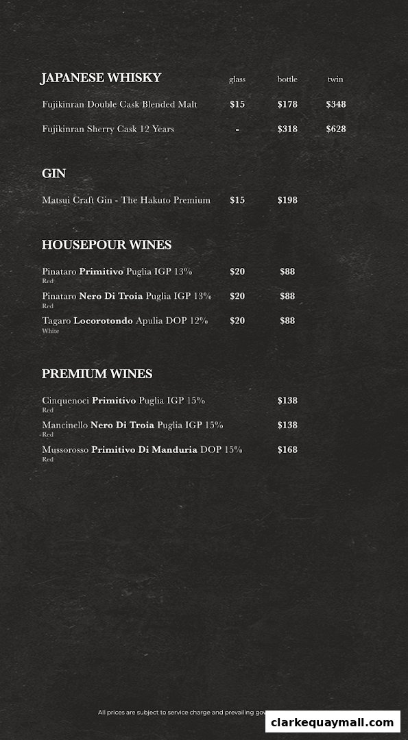 A menu featuring Japanese whisky, gin, and various wines with prices.