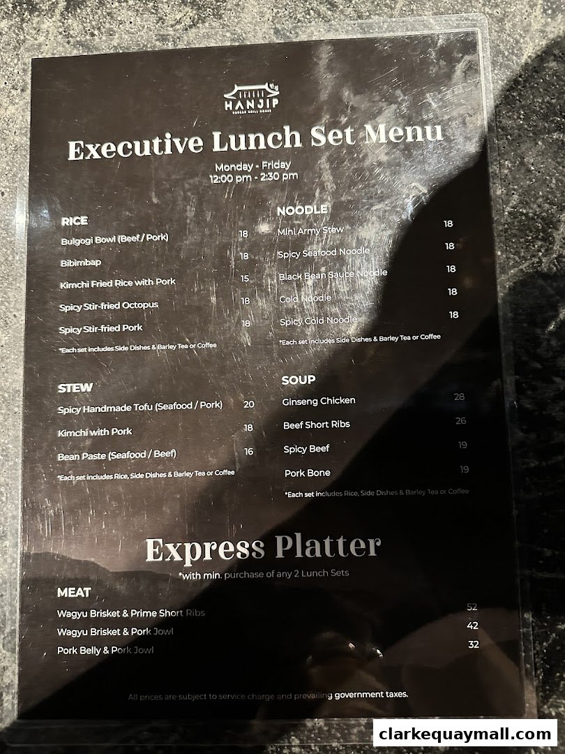 A menu for Hanjip Korean Grill House featuring an Executive Lunch Set Menu.