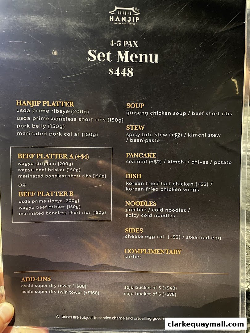 A menu for Hanjip Korean Grill House featuring a 4-5 Pax Set Menu for $448.