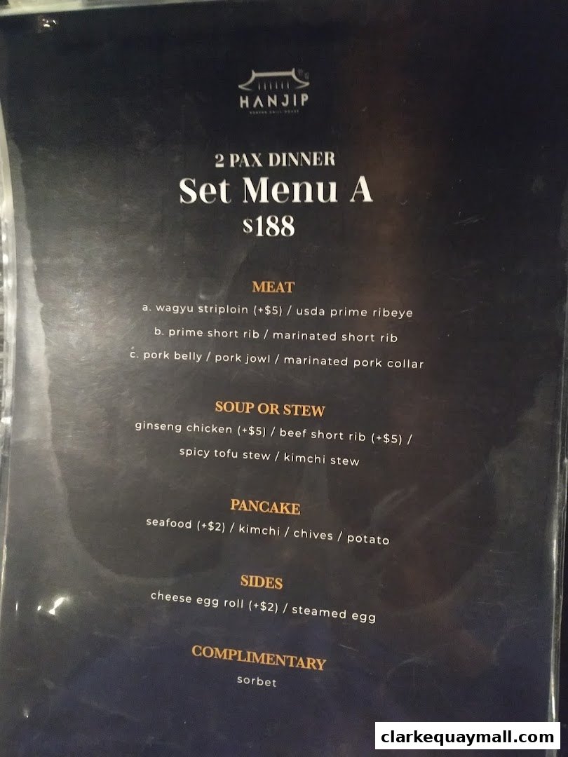 A menu for Hanjip Korean Grill House featuring a 2-person dinner set menu.