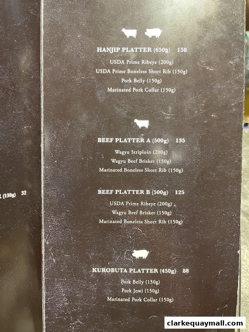 A menu featuring various meat platters with detailed descriptions and prices.