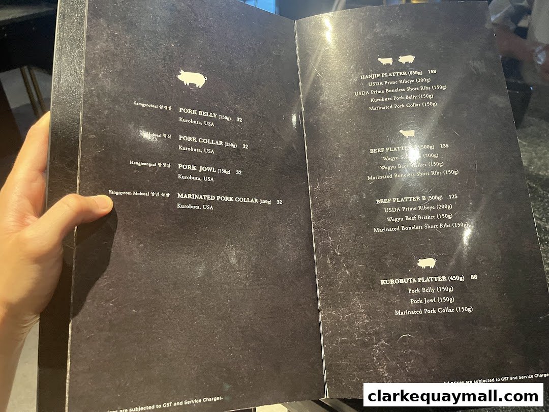 A menu from Hanjip Korean Grill House featuring various meat platters and cuts.