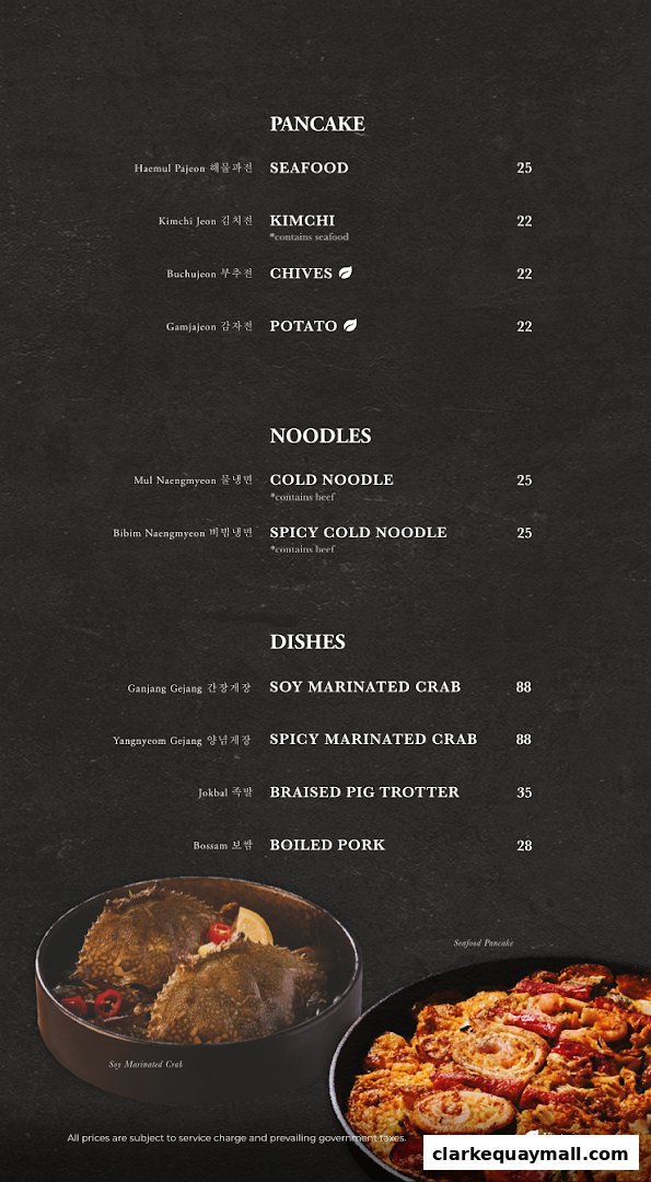 A menu from Hanjip Korean Grill House featuring pancakes, noodles, and dishes with prices.