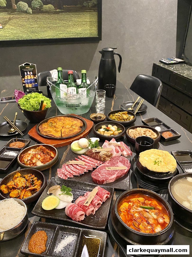 A table laden with Korean BBQ dishes, including various cuts of meat, kimchi, and stews.