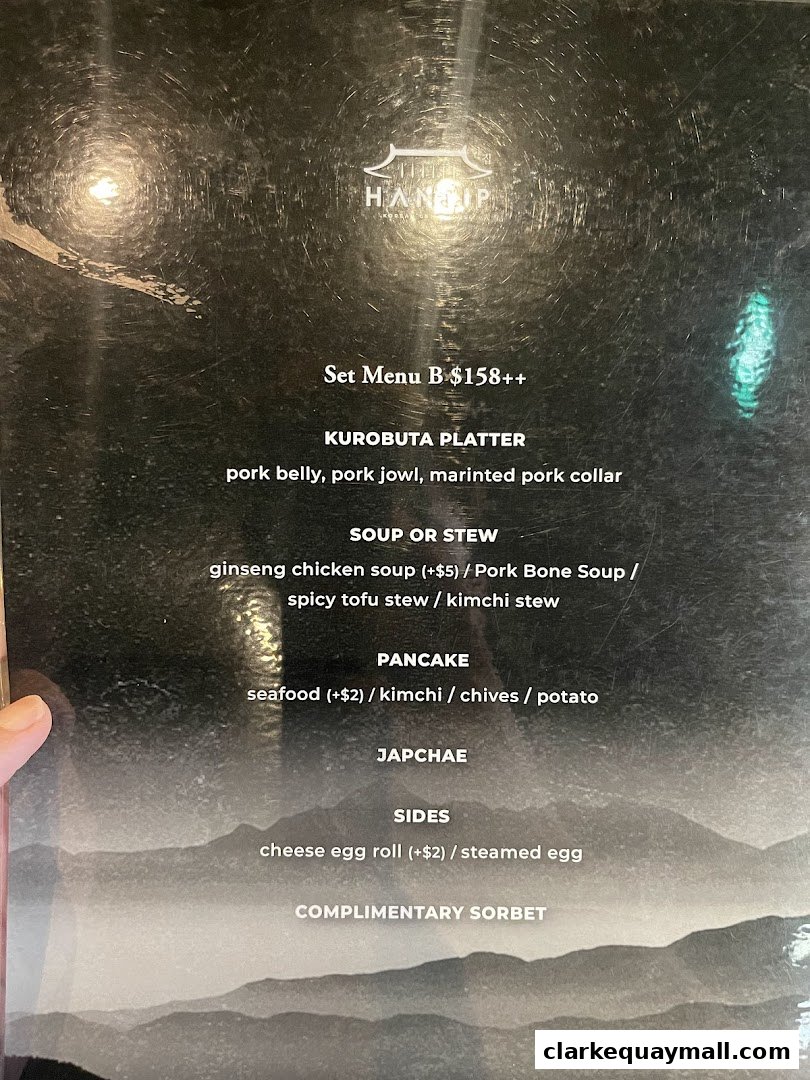 A menu from Hanjip Korean Grill House featuring a set menu with various Korean dishes.