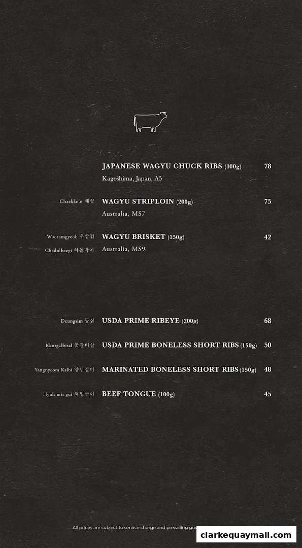 A menu from Hanjip Korean Grill House featuring various cuts of Wagyu and USDA Prime beef.