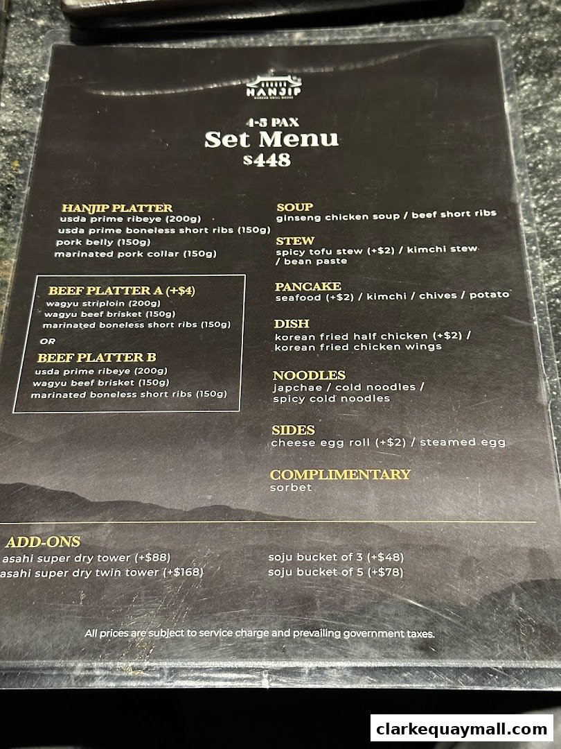 A menu for Hanjip Korean Grill House, featuring a set menu for 4-5 people priced at $448.