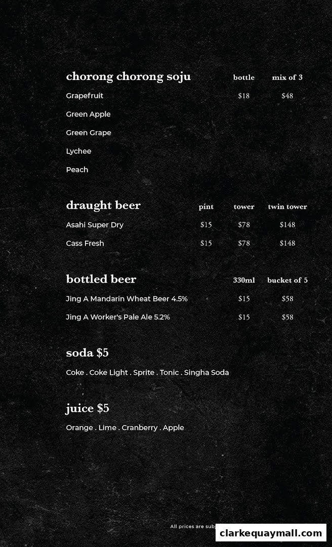 A dark-themed menu featuring Korean soju, draught beer, bottled beer, soda, and juice options.