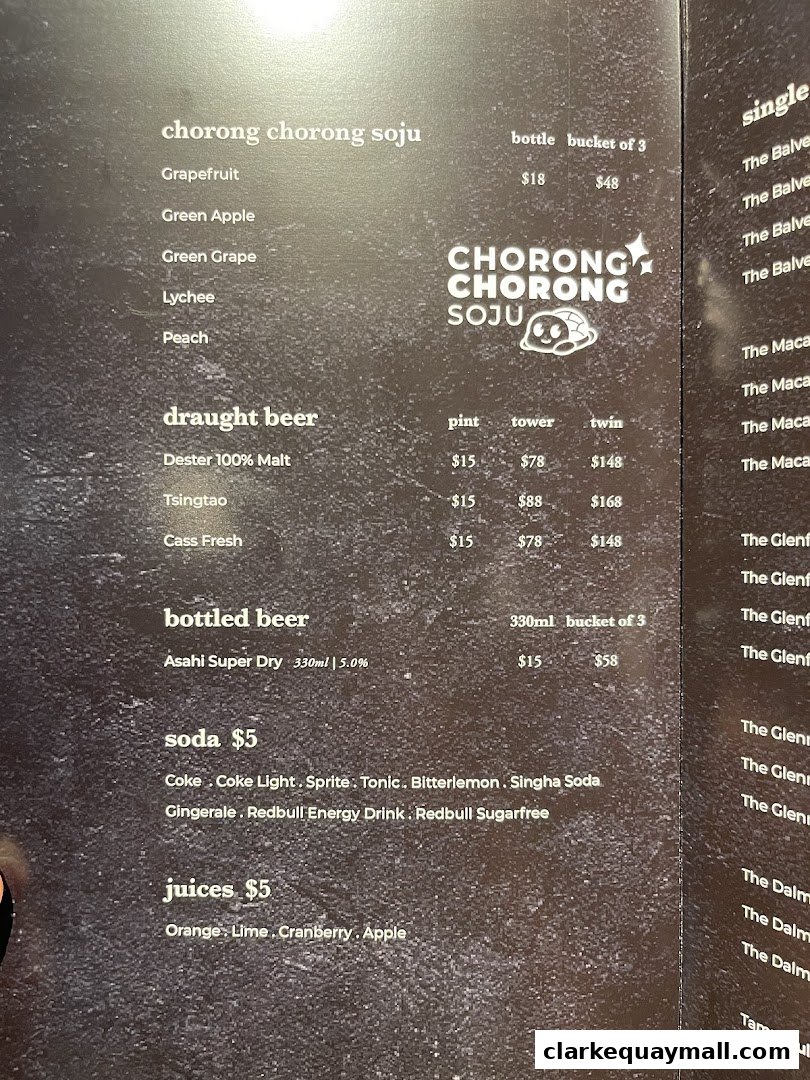 A menu from Hanjip Korean Grill House featuring soju, draught beer, bottled beer, soda, and juices.
