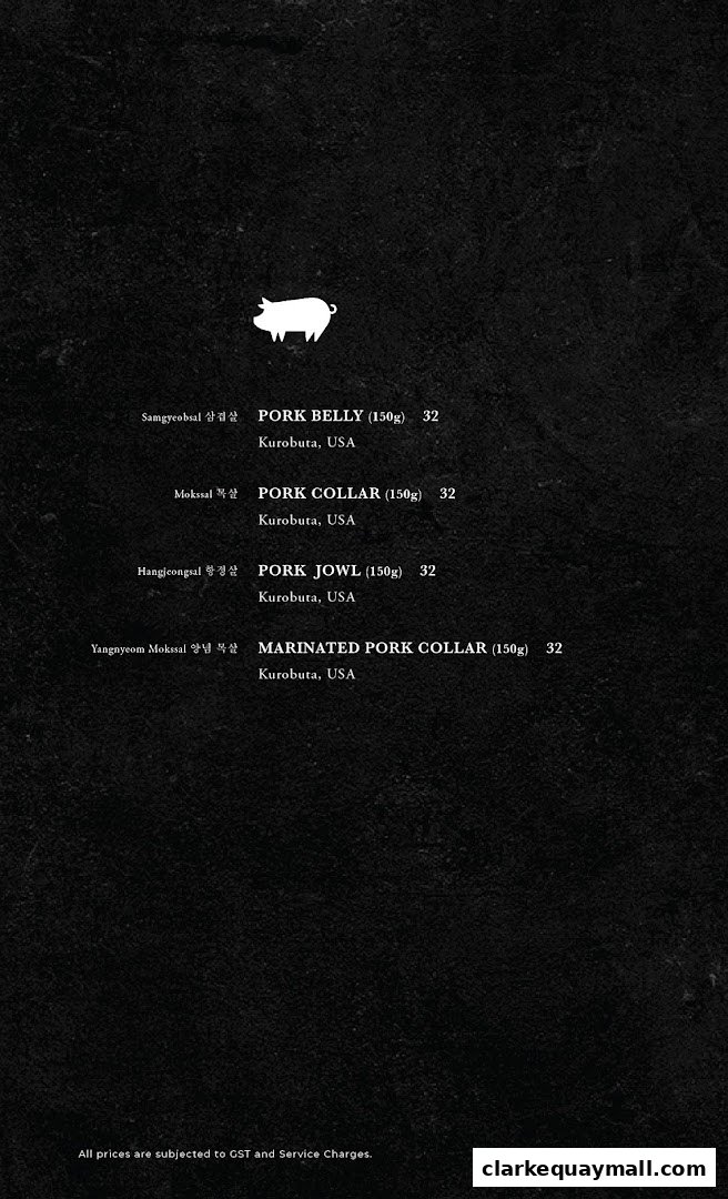 A menu from Hanjip Korean Grill House featuring various pork cuts with prices and origins.