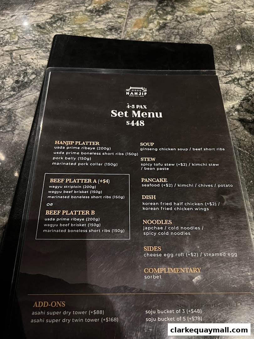 A menu for Hanjip Korean Grill House featuring set menus and add-ons.