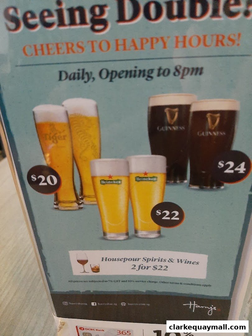 A menu board advertising happy hour deals on beers and spirits at Harry's.