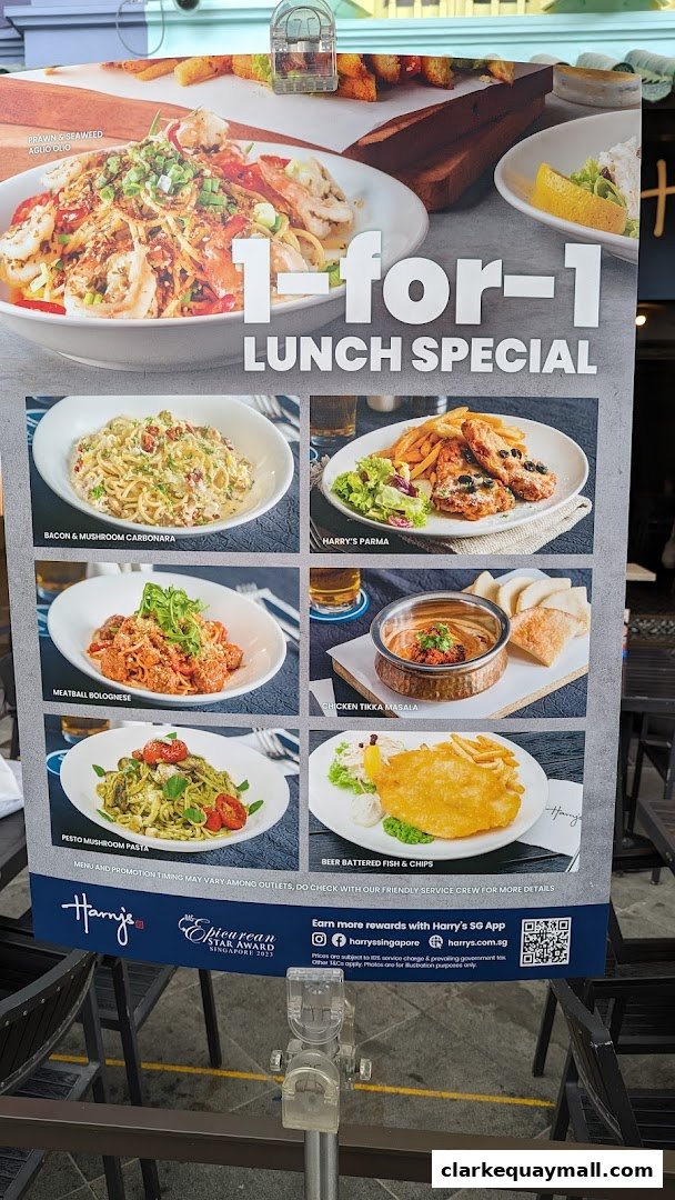 A promotional poster for Harry's 1-for-1 lunch special featuring various dishes.