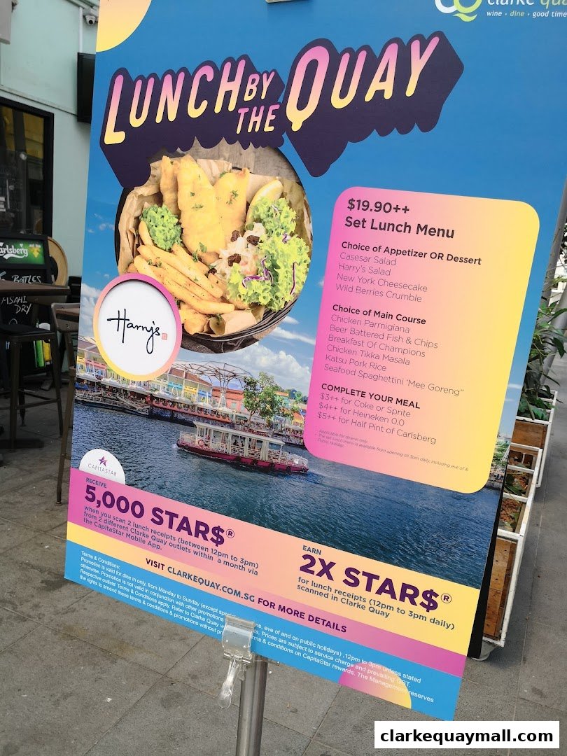 A promotional sign for Harry's Clarke Quay offering a set lunch menu and rewards.