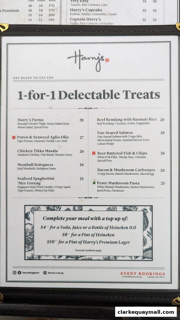 A menu from Harry's featuring 1-for-1 delectable treats and drink specials.