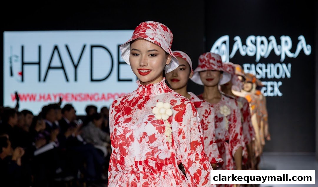 Models walk the runway in matching red and white floral outfits at a fashion show.