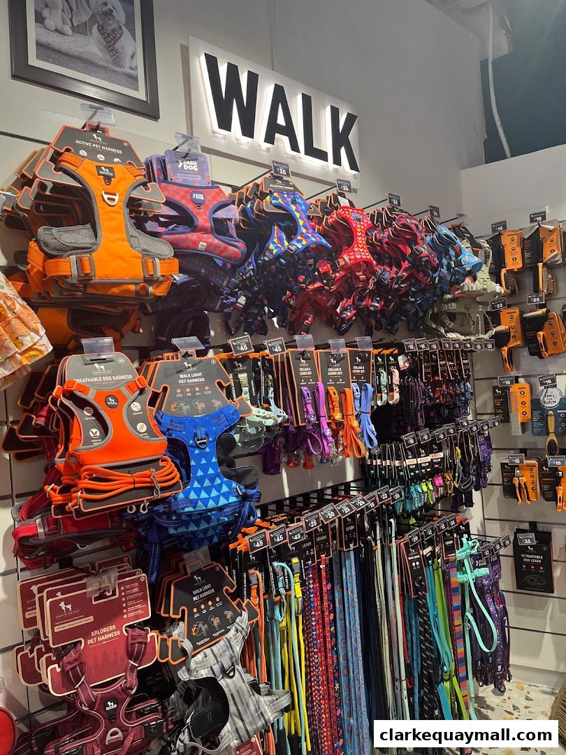 A wall display of colorful dog harnesses and leashes at Heads Up For Tails.