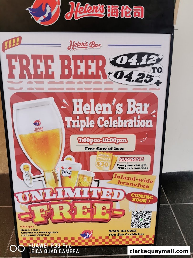 A promotional sign for Helen's Bar offering free beer and cash vouchers.