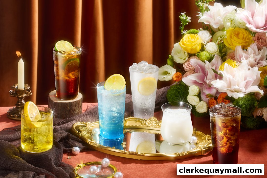 A collection of colorful drinks and a floral arrangement on a table.