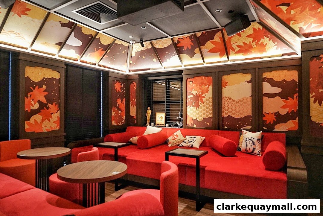 A stylish lounge area with red seating, Japanese-inspired decor, and ambient lighting.