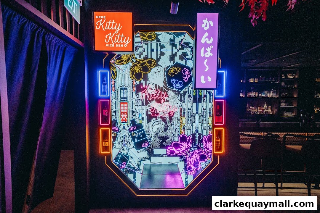 A neon-lit entrance to a speakeasy cocktail lounge with Japanese-inspired decor.