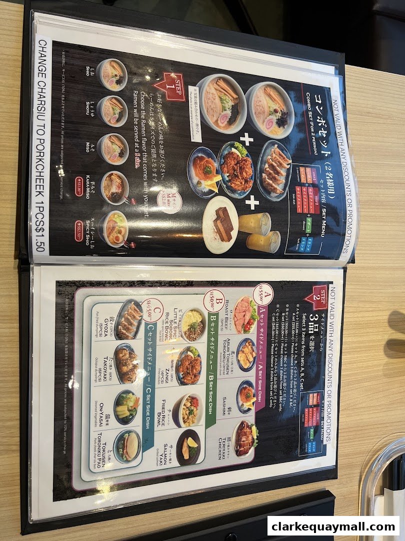 A menu from Hokkaido Ramen Santouka featuring ramen flavors, combo sets, and side dishes.