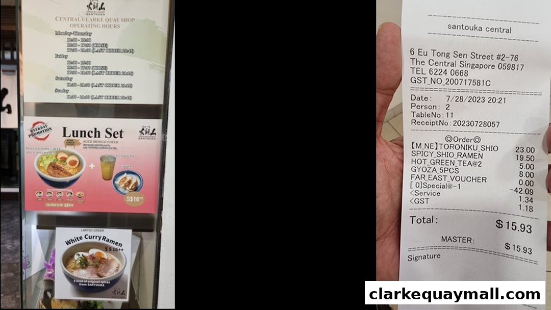 A receipt from Hokkaido Ramen Santouka showing ramen, gyoza, and tea, with operating hours and lunch set promotions.