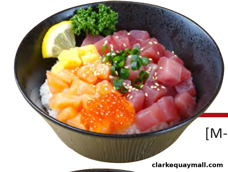 A bowl of rice topped with fresh tuna, salmon, salmon roe, and scrambled egg.