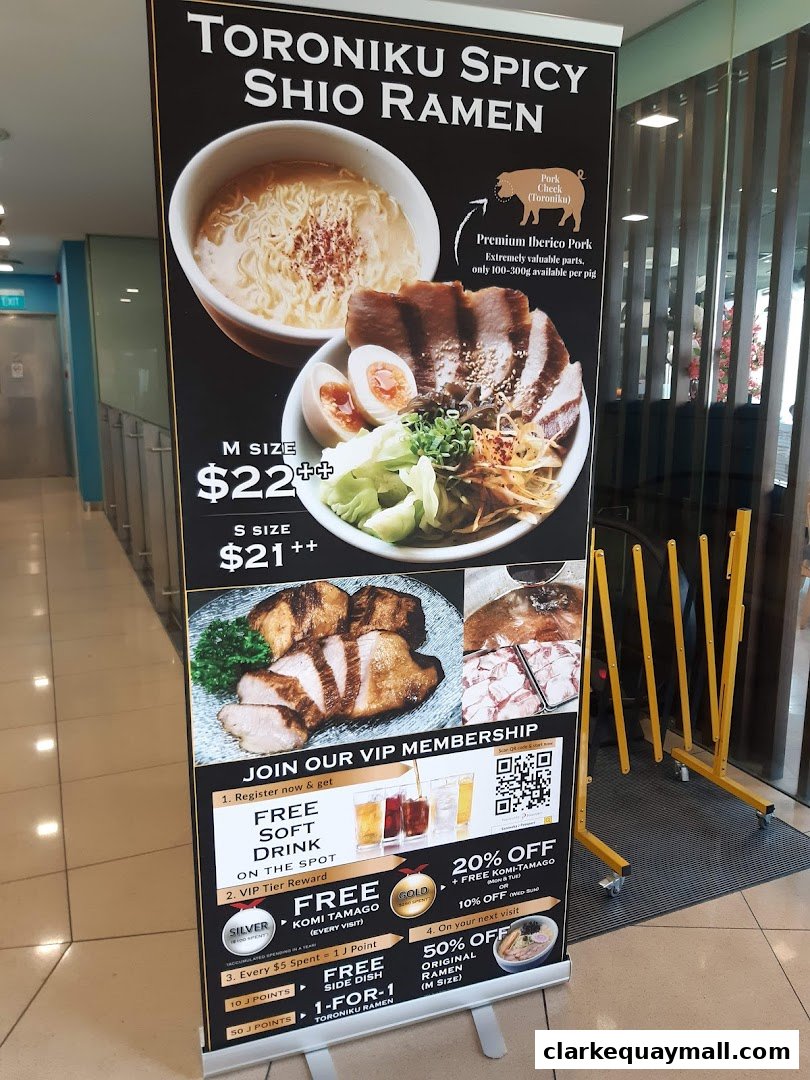 A promotional banner for Toroniku Spicy Shio Ramen with pricing and VIP membership offers.