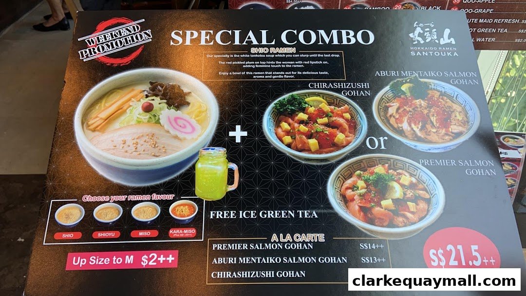 A promotional menu for Hokkaido Ramen Santouka featuring a special combo and a la carte options.