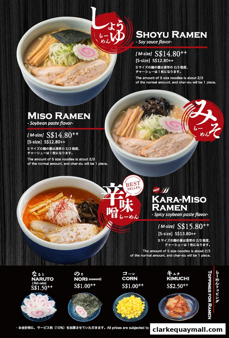 A menu showcasing three types of ramen and various toppings with prices.