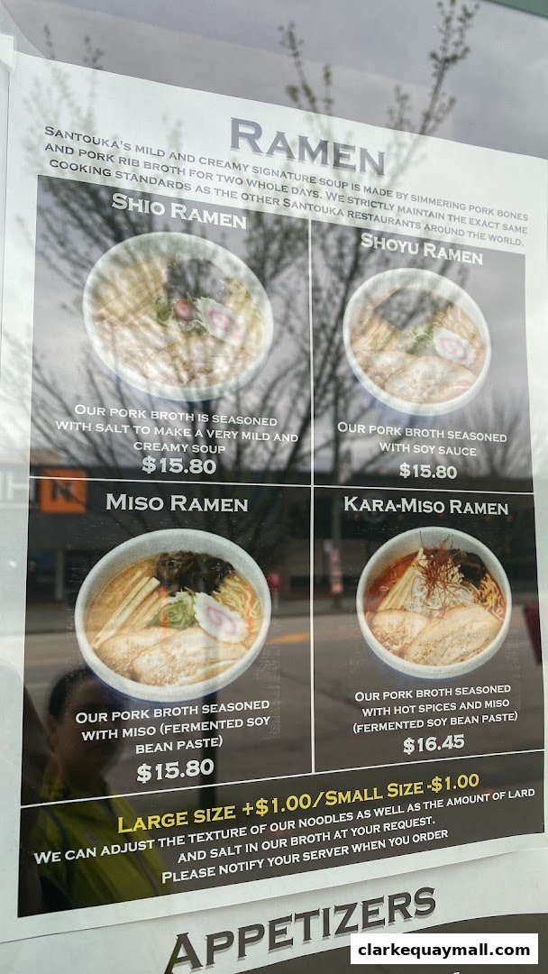 A menu board showcasing four different types of ramen with descriptions and prices.