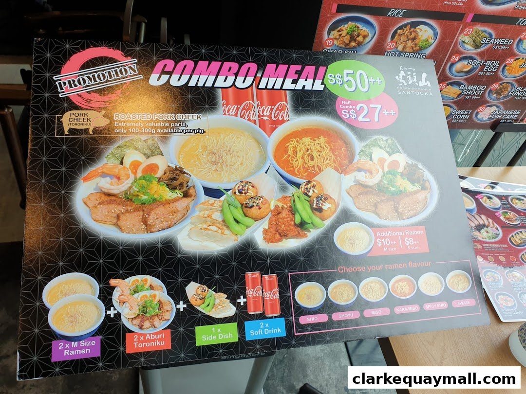 A promotional menu for Hokkaido Ramen Santouka featuring combo meals and ramen options.