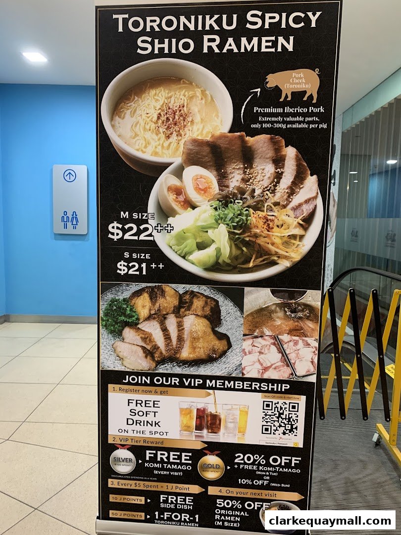 A promotional banner for Toroniku Spicy Shio Ramen, featuring premium pork and VIP membership offers.