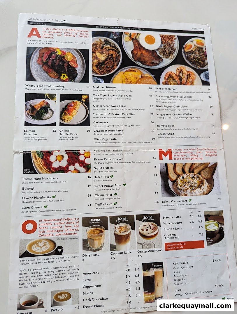 A menu from Home Dawn Cafe featuring various dishes and beverages with prices.
