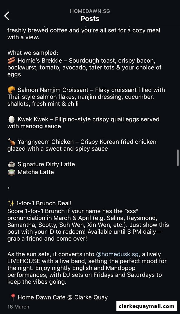 A social media post detailing menu items and a brunch deal at Home Dawn Cafe.
