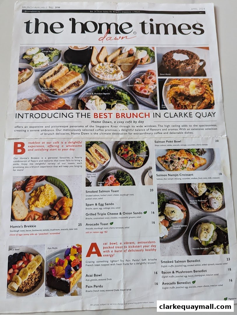 A newspaper page featuring brunch menu items from Home Dawn Cafe.