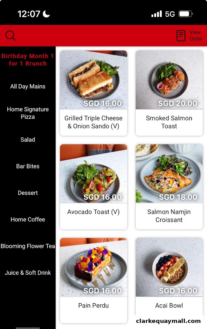 A mobile app interface displaying a cafe's menu with various food items and prices.